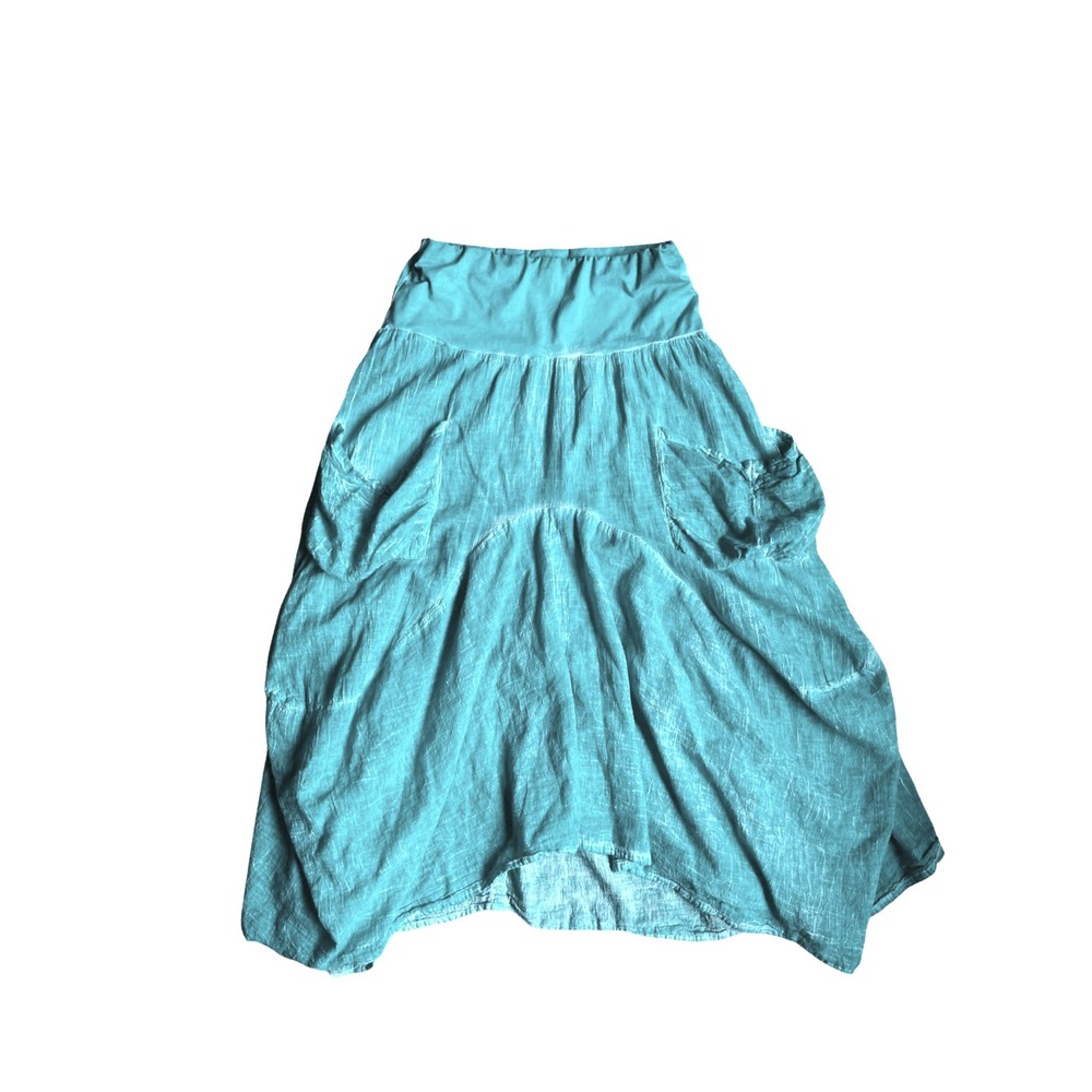 Zury Turquoise Cotton Crinkle Gauze Midi Skirt Pockets Boho One Size Free Size